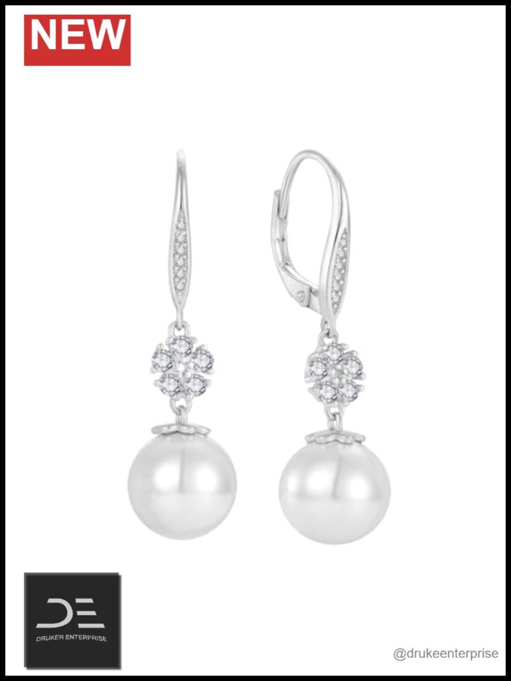Pearl Dangle Drop Earrings 925 Sterling Silver 10MM Cubic Zirconia Leverback